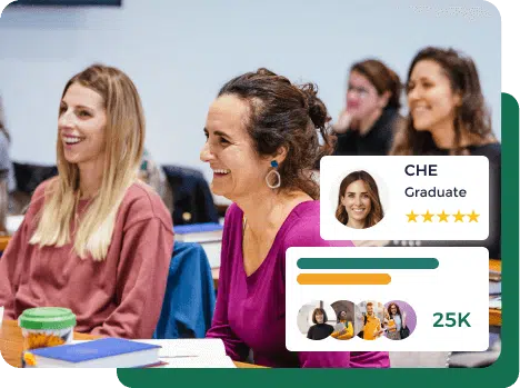 Group of smiling women attending a workshop, featuring a testimonial and participant statistics overlay