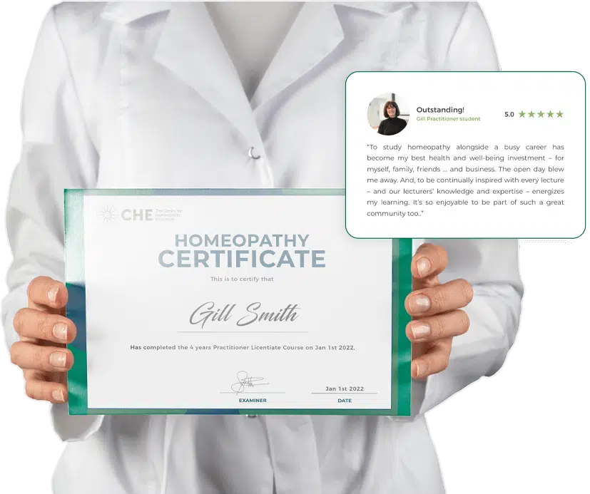 Homeopathy Certificate, Gill Smith, 4 Years Practitioner Licentiate Course, Jan 1st 2022, CHE, Outstanding Student Review