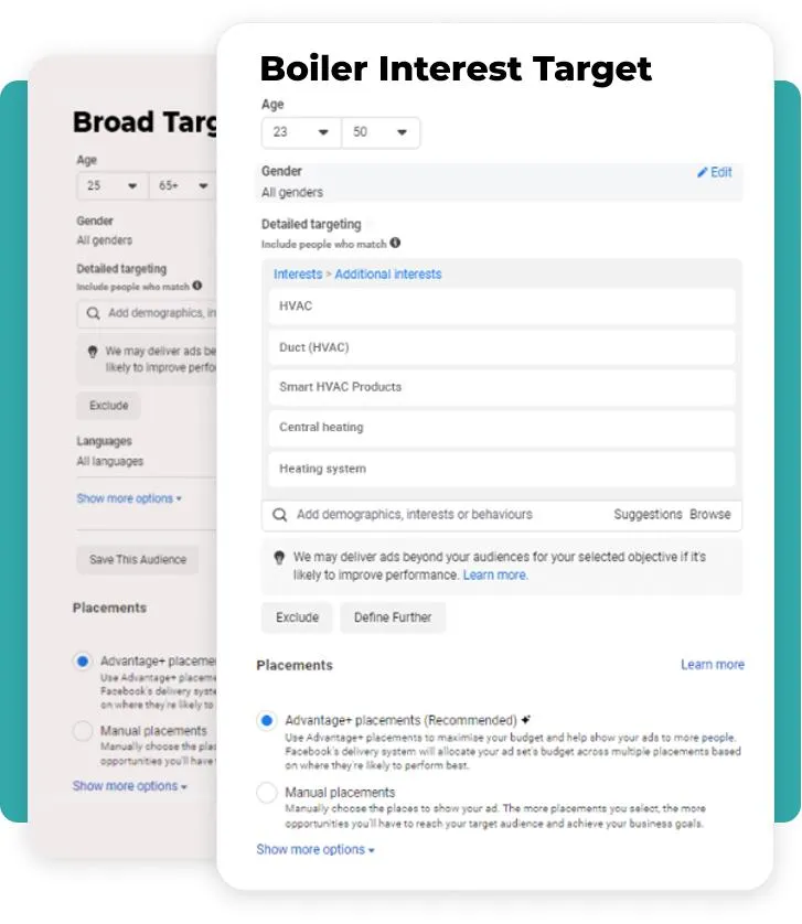 Boiler Interest Target, Broad Targeting, Age, Gender, Detailed Targeting, Interests, HVAC, Duct, Smart HVAC Products, Central Heating, Heating System, Placements, Advantage+ Placements, Manual Placements