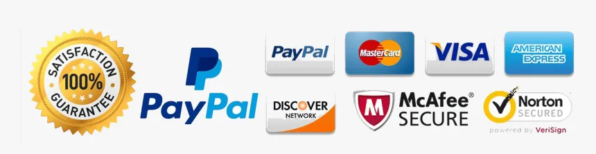 PayPal, Visa, Mastercard, American Express, Discover, McAfee Secure, Norton Secured, VeriSign