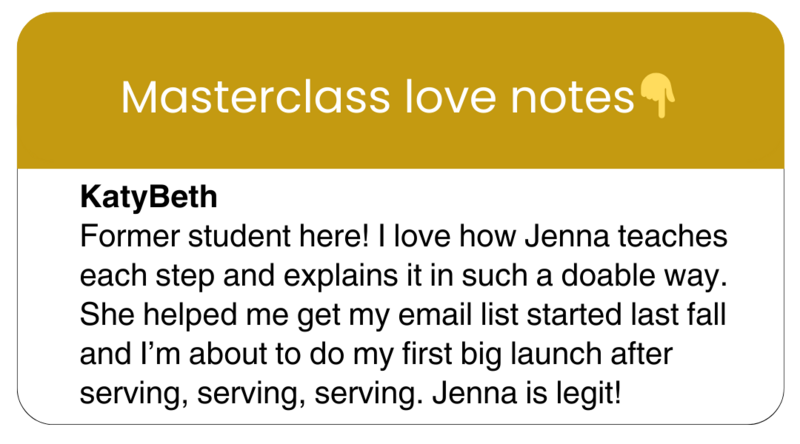 Masterclass Love Notes, KatyBeth, Jenna, email list, launch, serving